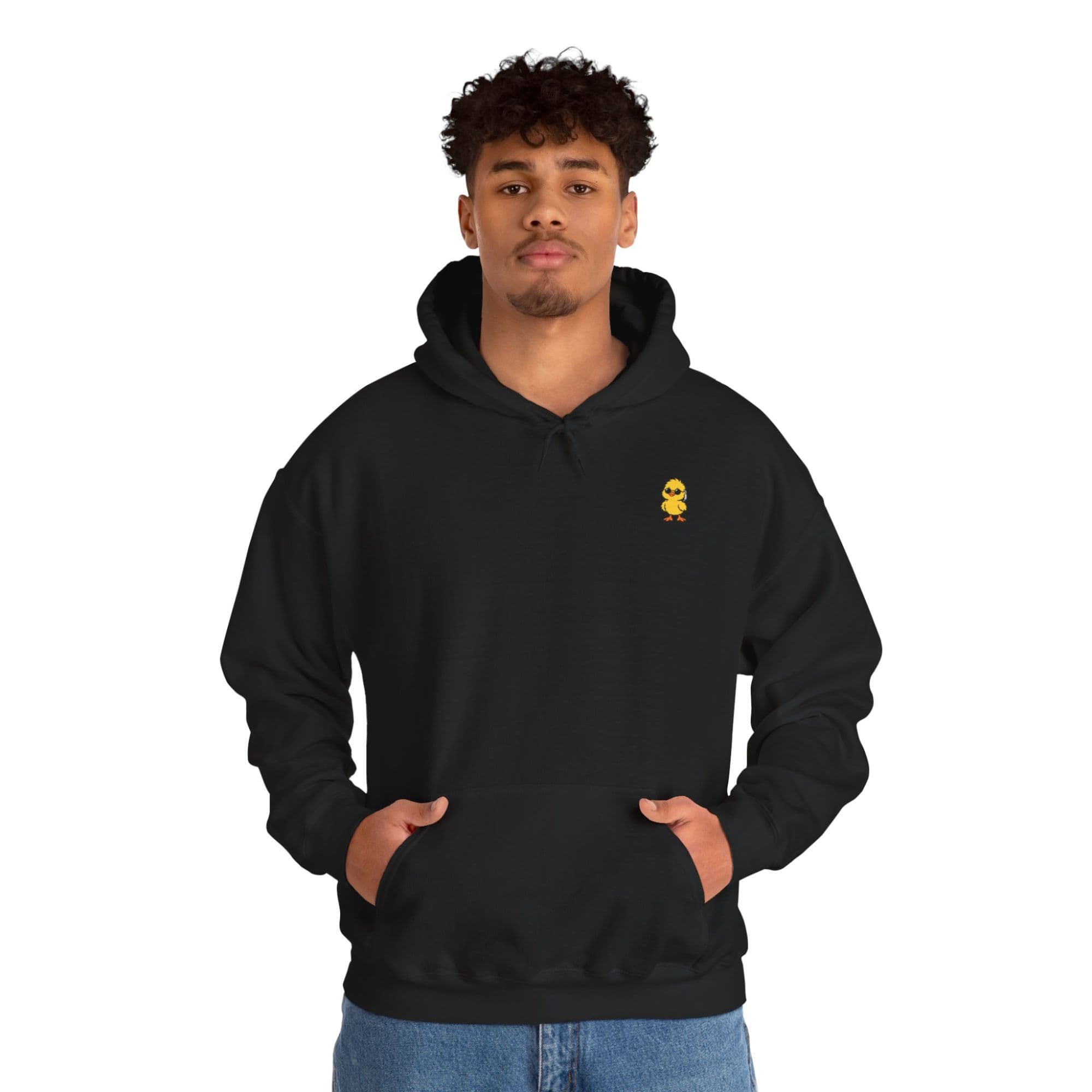 The Detail Hoodie in black, worn, front