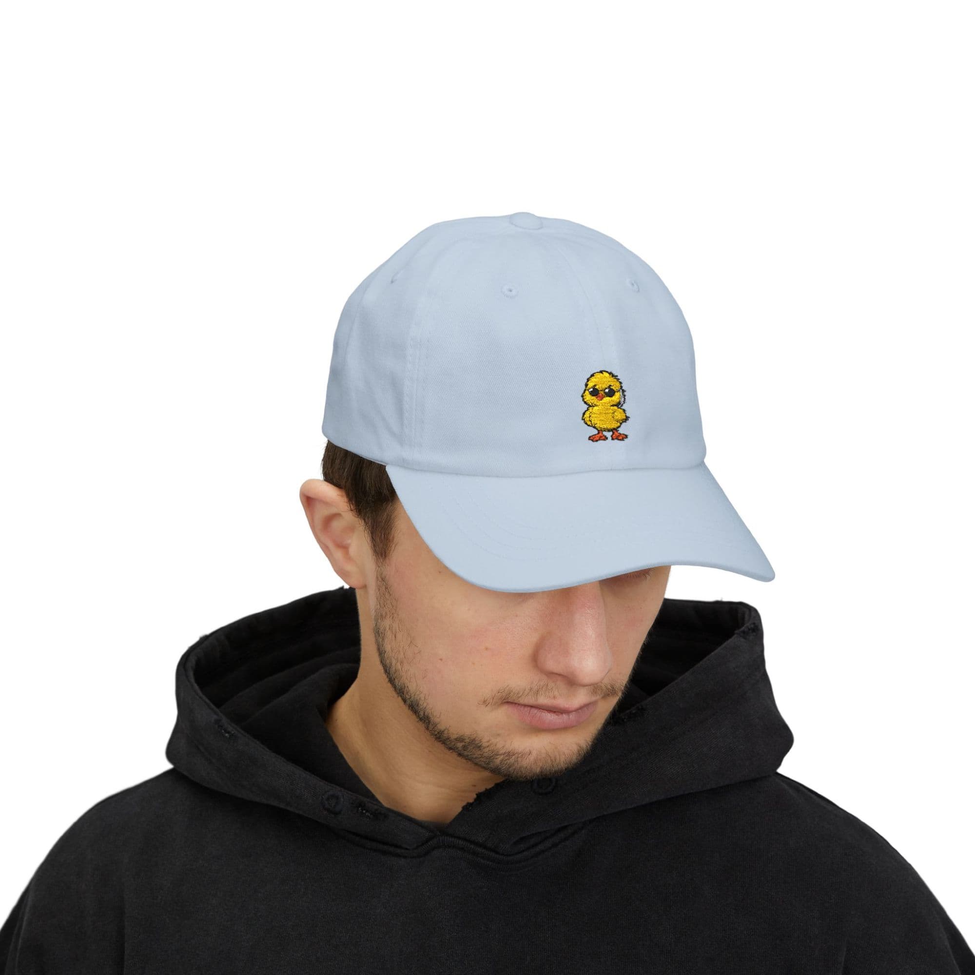 The Embroidered Duck Cap in light blue, worn