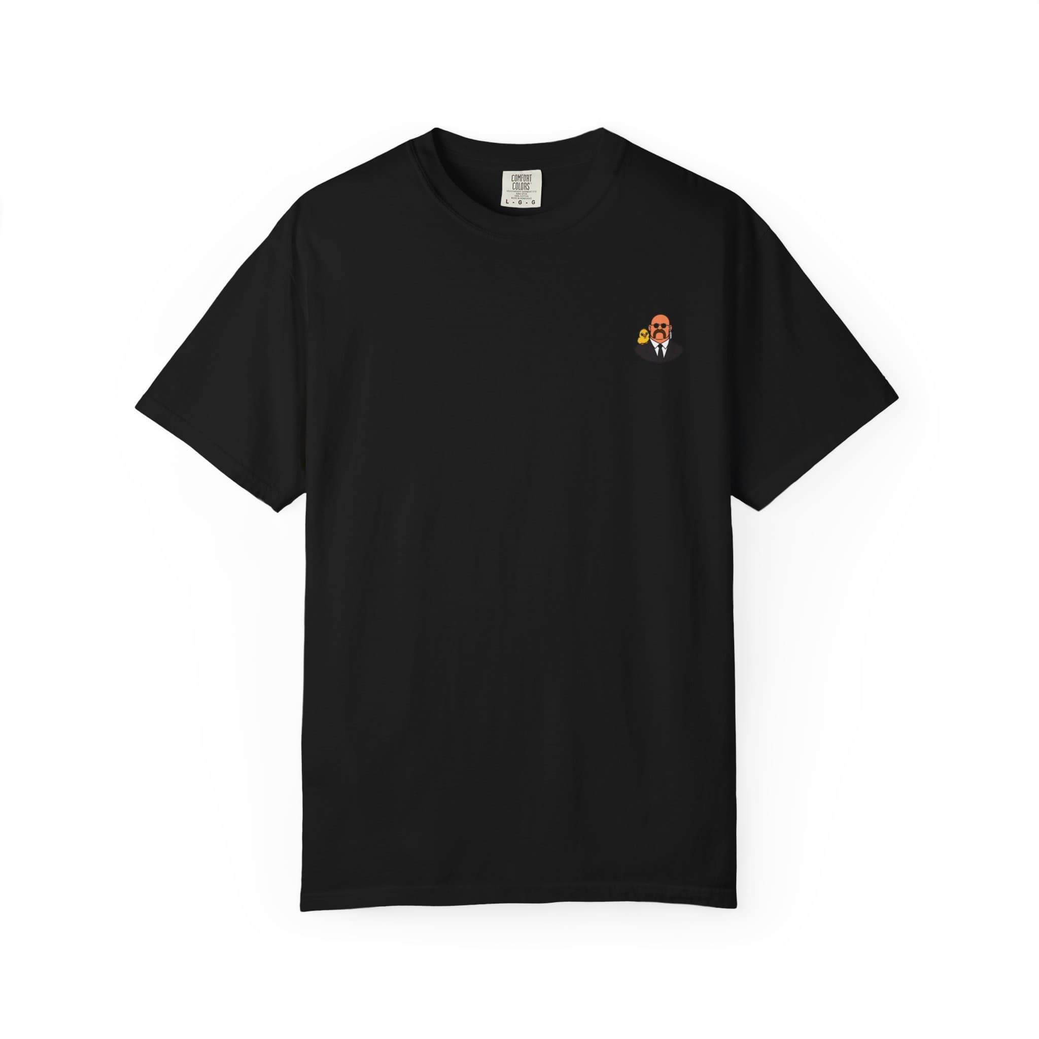 Small Magnus Tee in black, front: Magnus with the duck on the chest