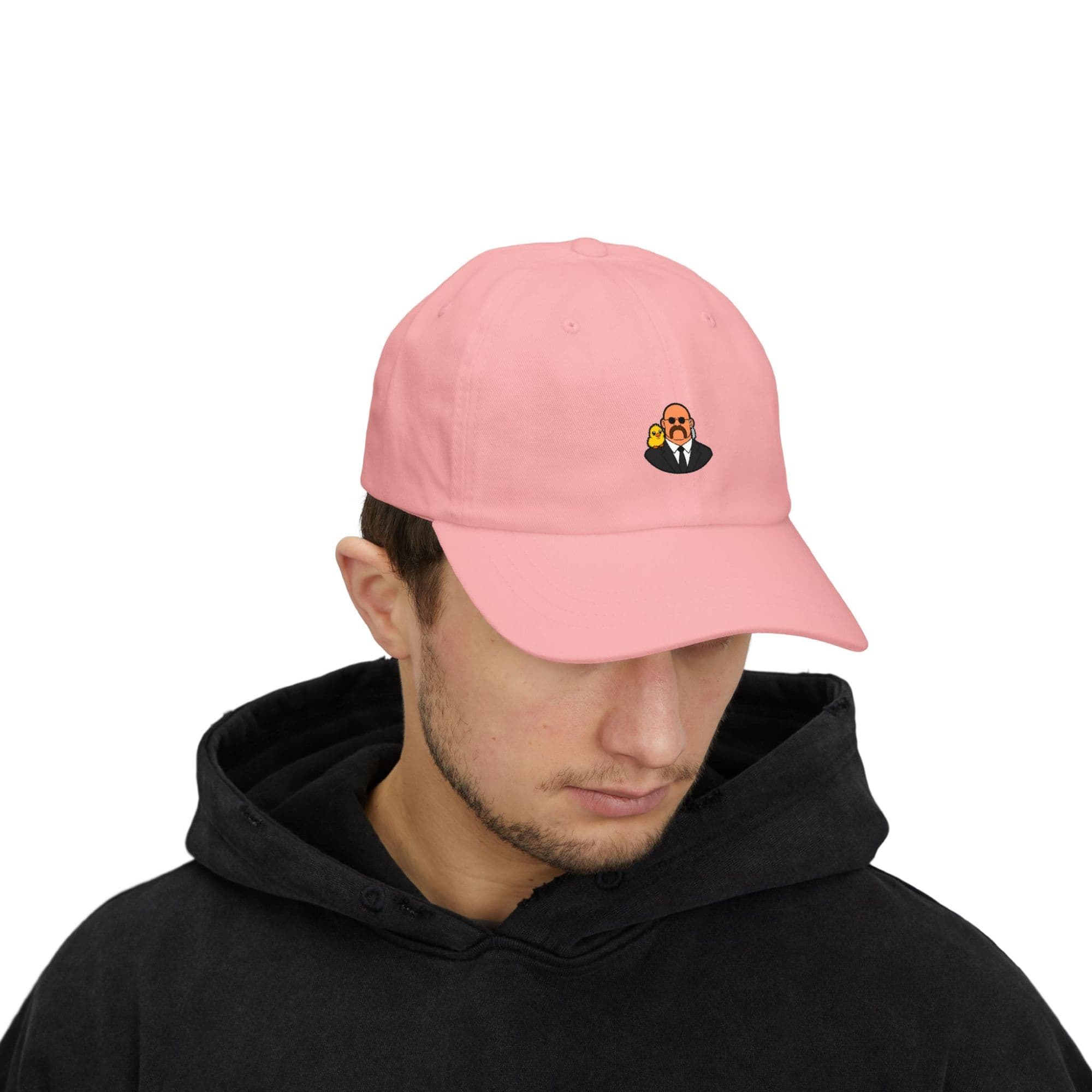 The Magnus Dad Cap in pink, worn